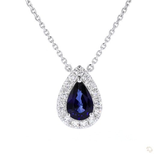 Lab Grown Blue Pear Shape Sapphire Halo Pendant