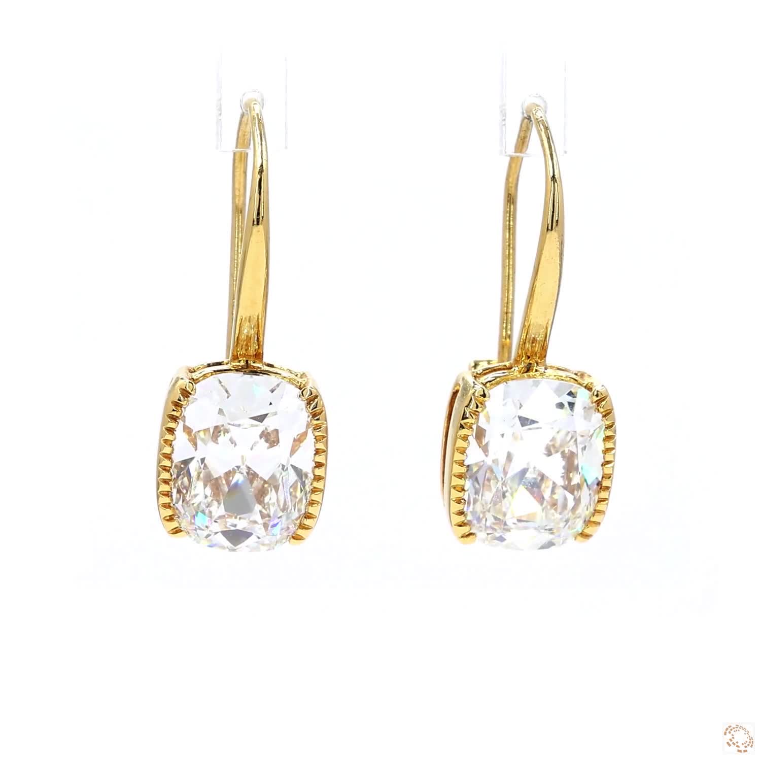 Half Bezel Cushion Shaped Diamond Hook Earrings (Over 3 ct per diamond)