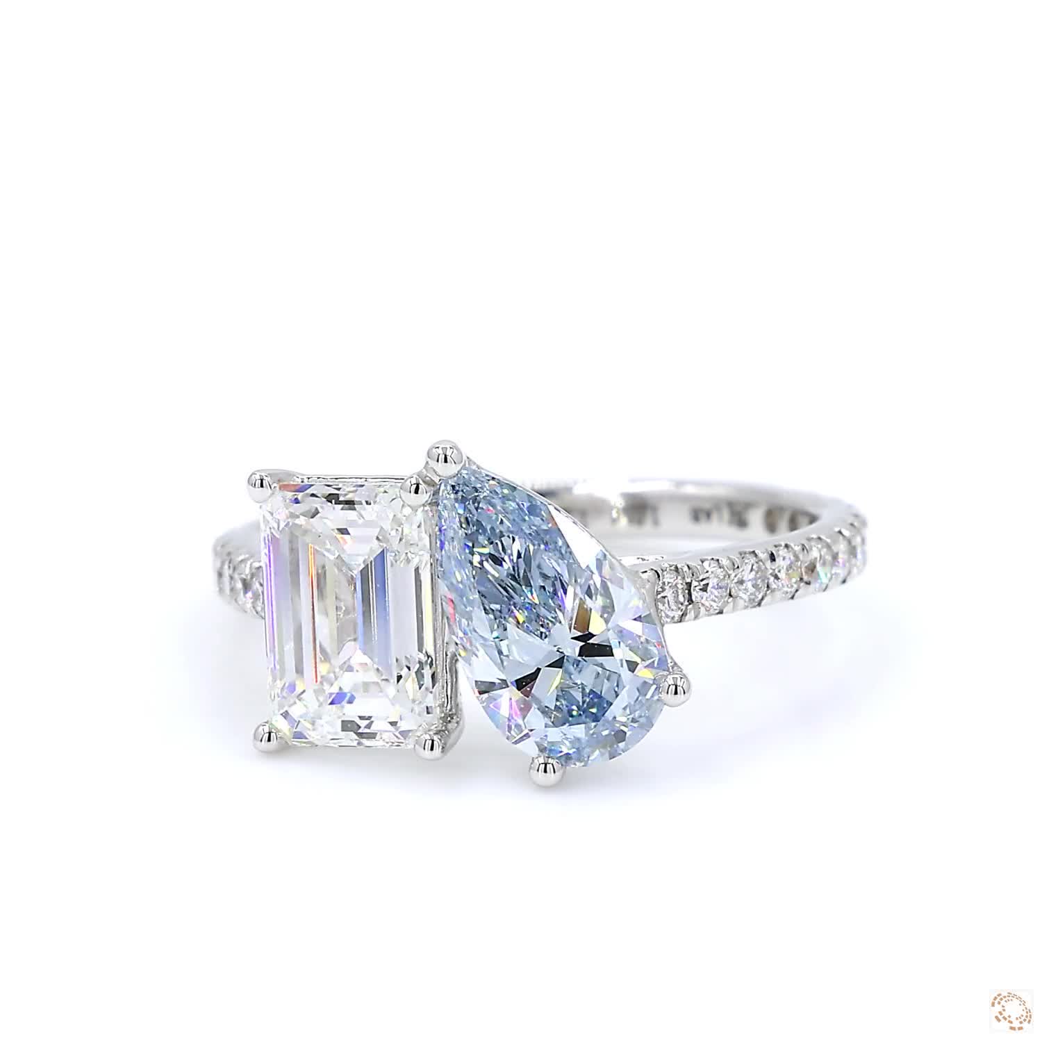 Toi et Moi Pear Shaped Blue Diamond and Emerald Diamond Cocktail Ring