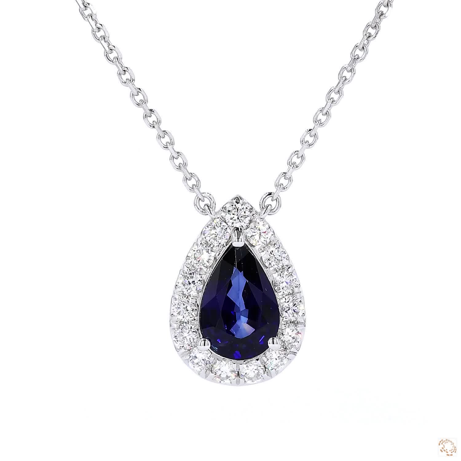 Lab Grown Blue Pear Shape Sapphire Halo Pendant