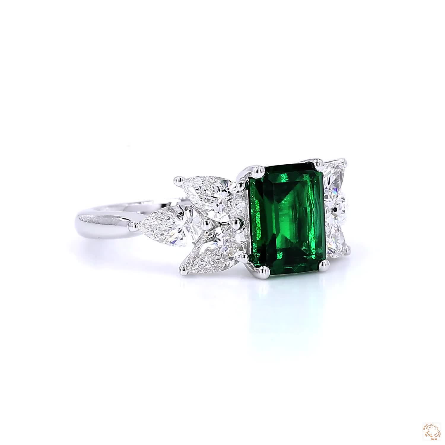 Side Stones & Lab Grown Green Emerald Diamond Ring