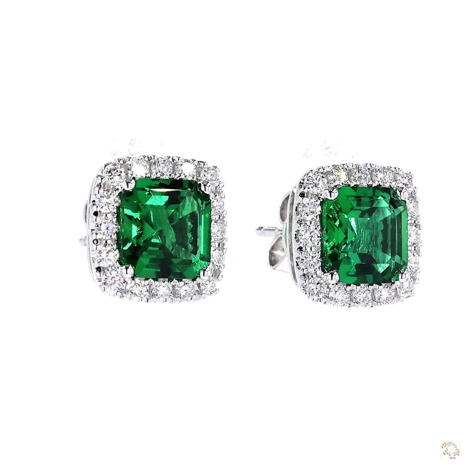 Lab Grown Green Emerald Halo Stud Earrings