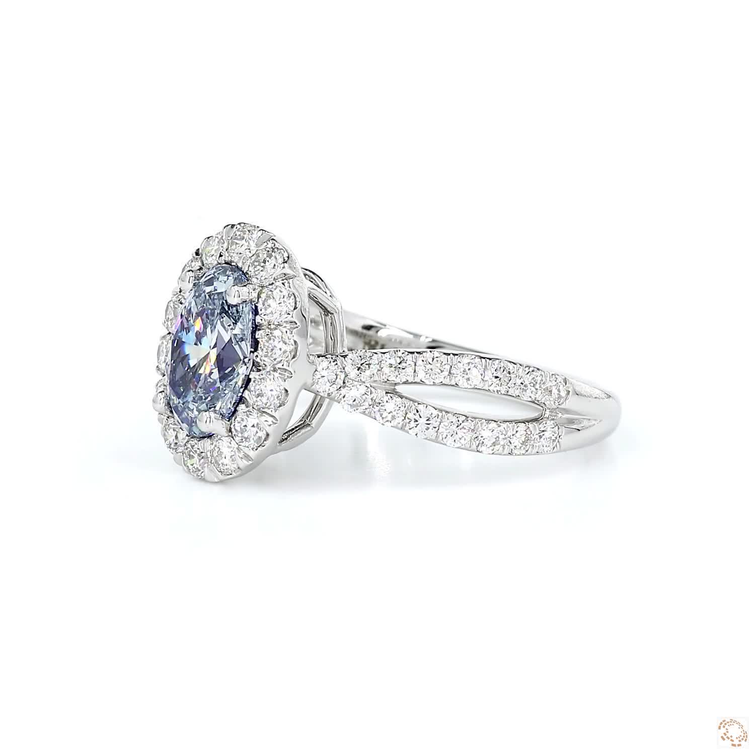Blue Oval Diamond Halo Engagement Ring
