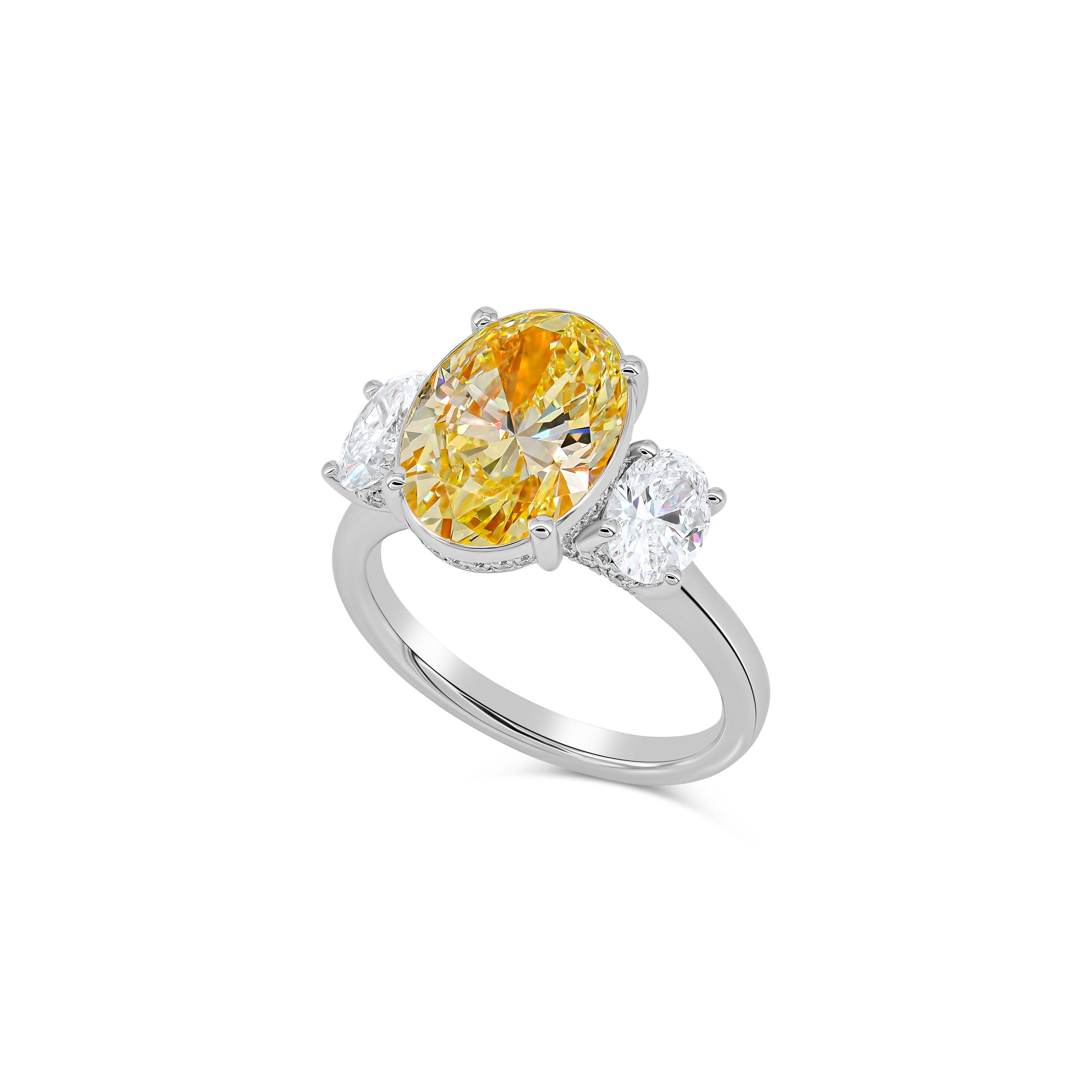 Three Stone Oval Fancy Yellow Diamond Engagement Ring