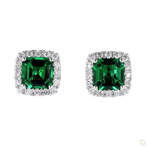 Lab Grown Green Emerald Halo Stud Earrings