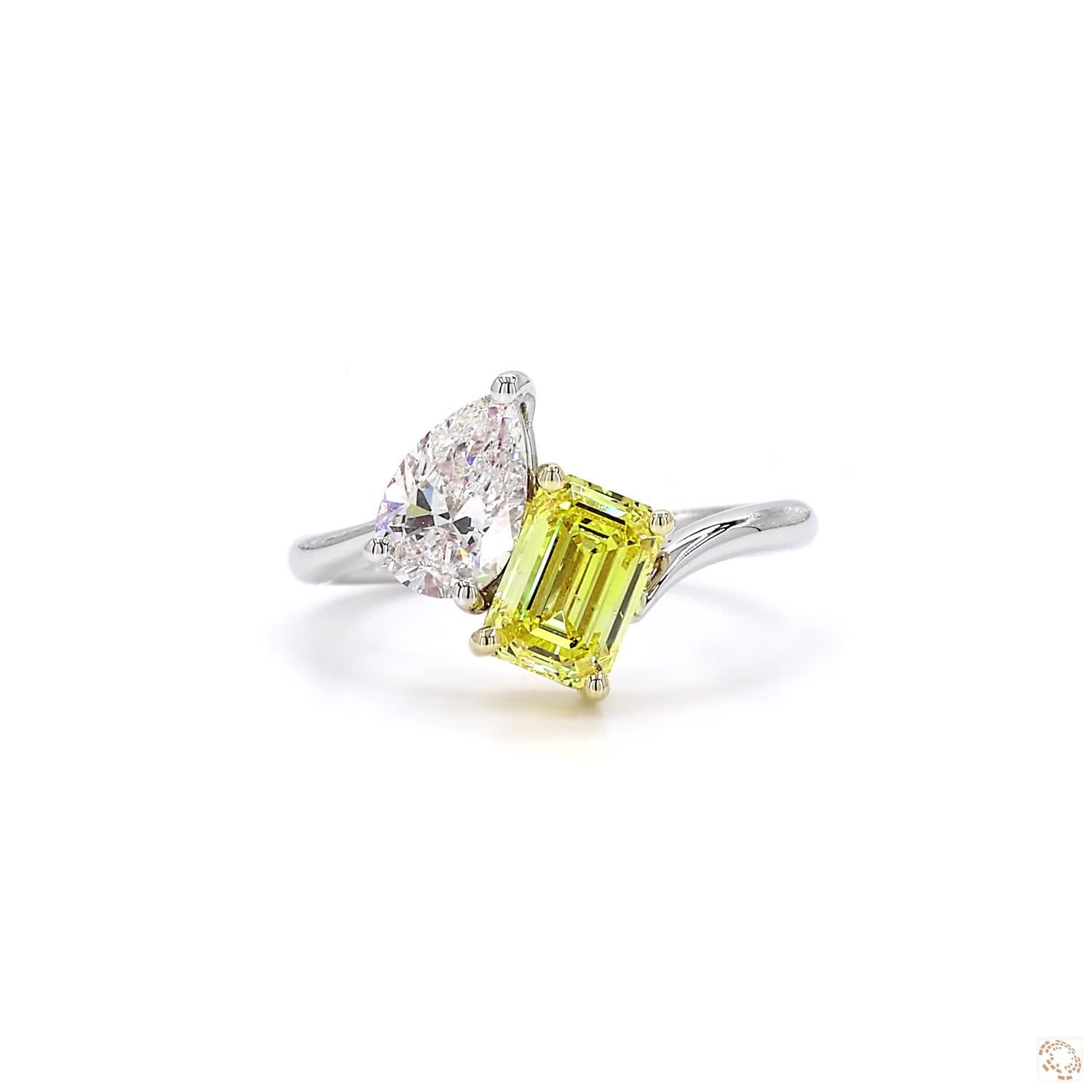 Toi et Moi Pear and Yellow Emerald Diamond Engagement Ring