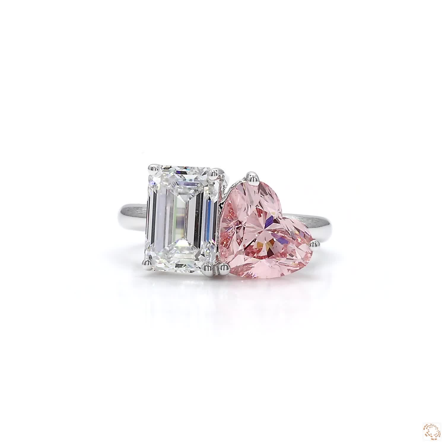 Toi et Moi Pink Heart and Emerald Engagement Diamond Ring