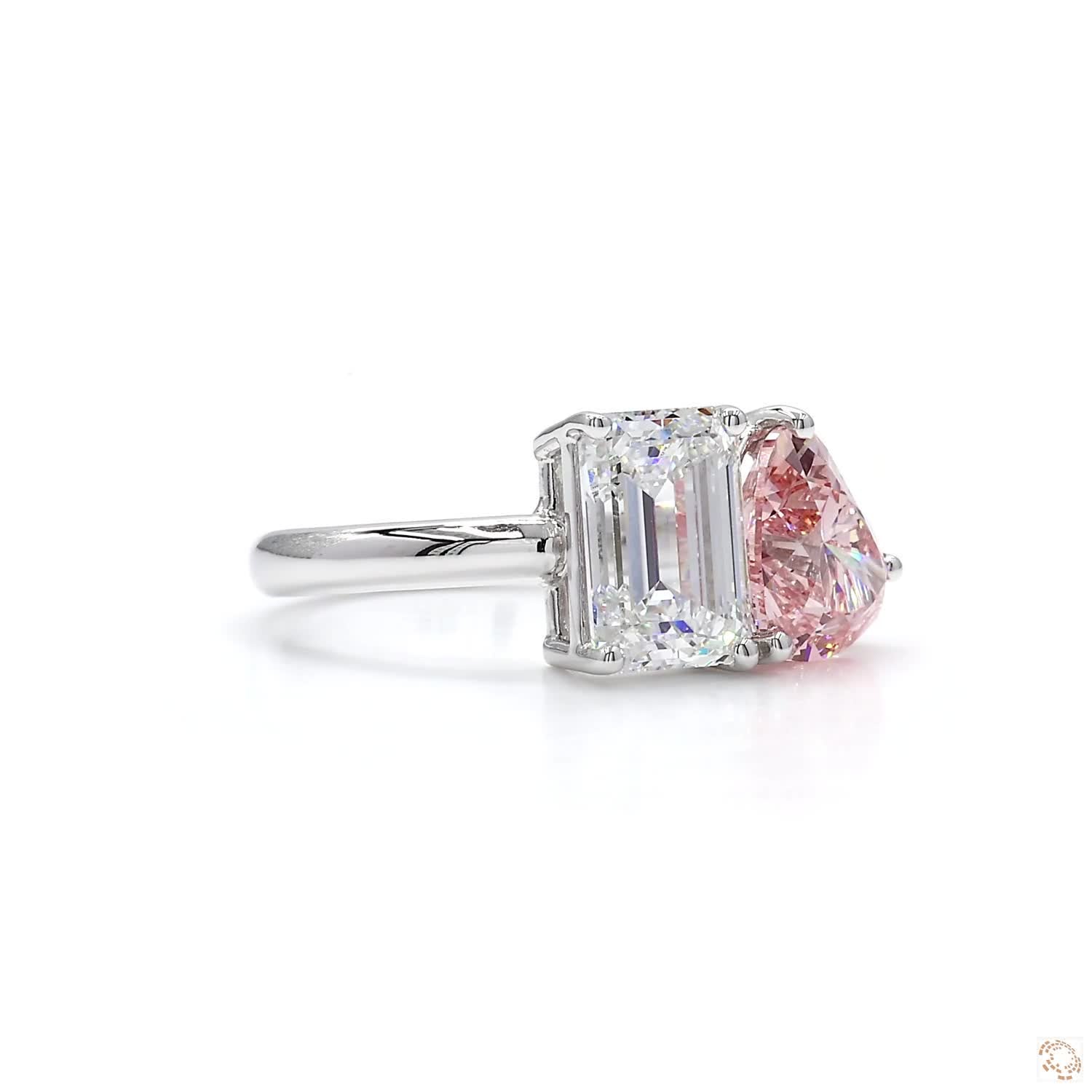 Toi et Moi Pink Heart and Emerald Engagement Diamond Ring