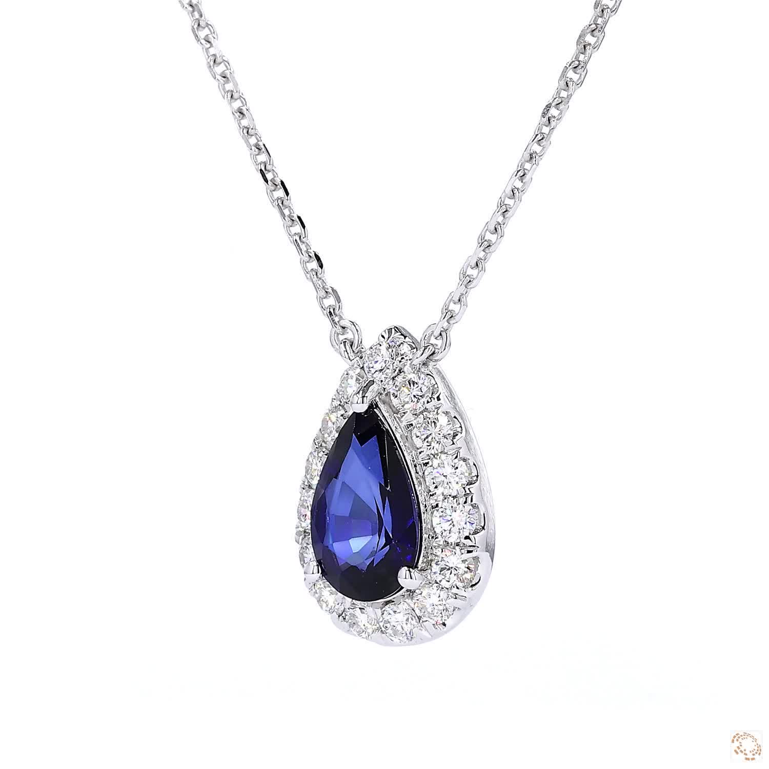 Lab Grown Blue Pear Shape Sapphire Halo Pendant