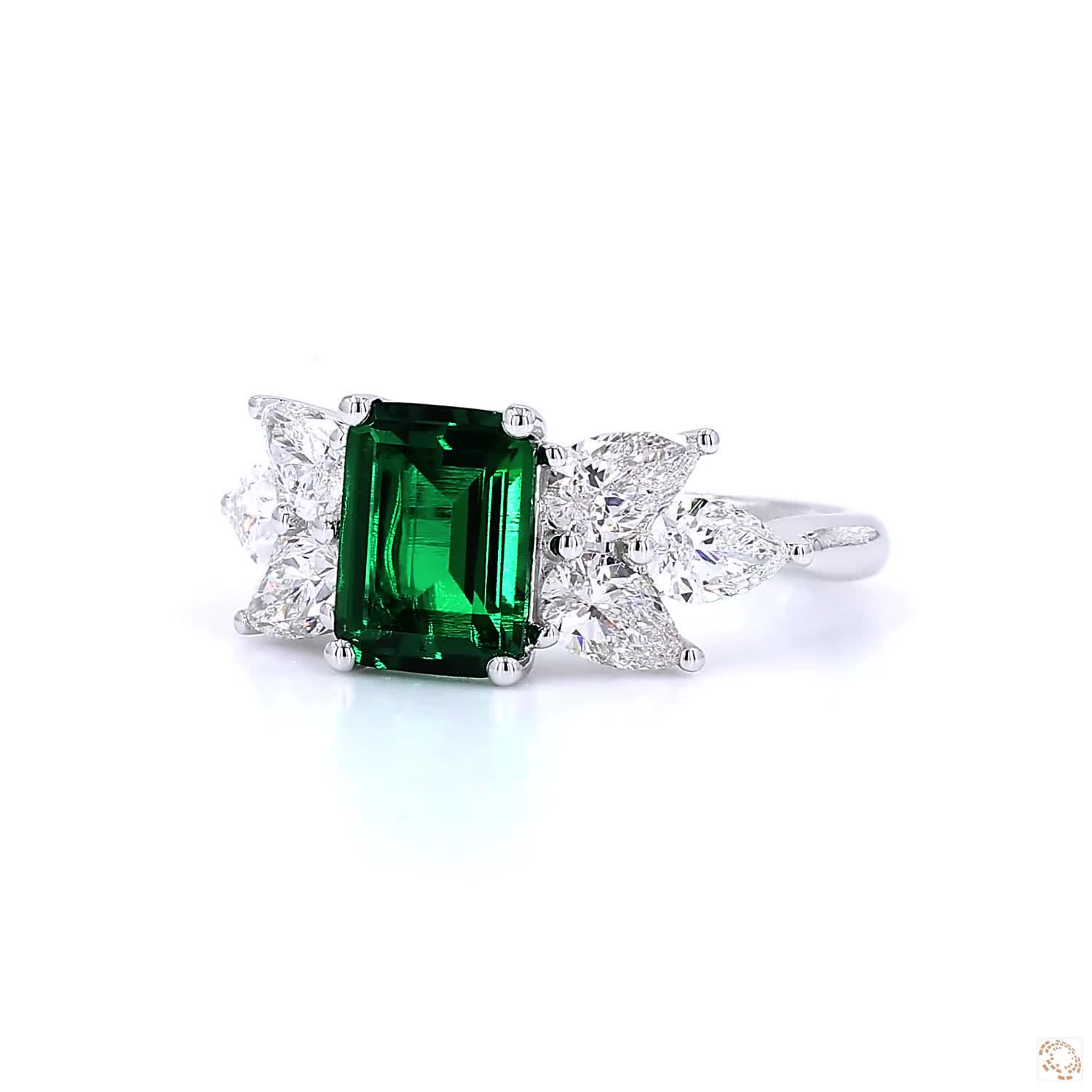 Side Stones & Lab Grown Green Emerald Diamond Ring